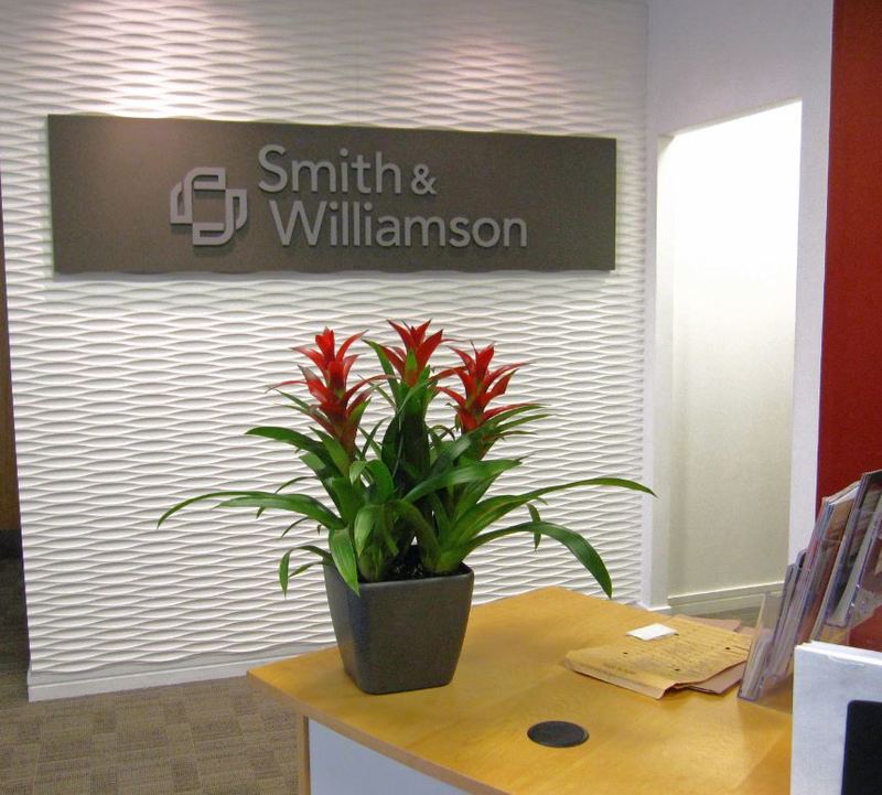 Red Guzzmania plants in a charcoal grey pot, perfectly match the surrondings of this office Reception