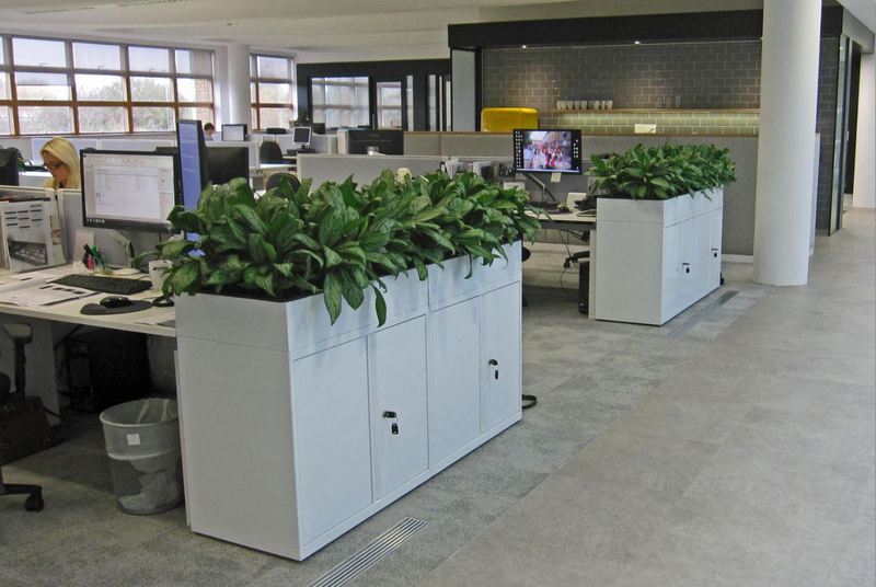Bisley office cabinets with inbuilt planters