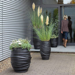 Two different size containers with different types & sizes of planting improve this business exterior