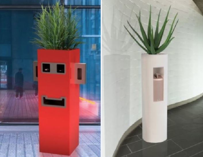 Plant pots for offices with hand sanitisers and ppe bins